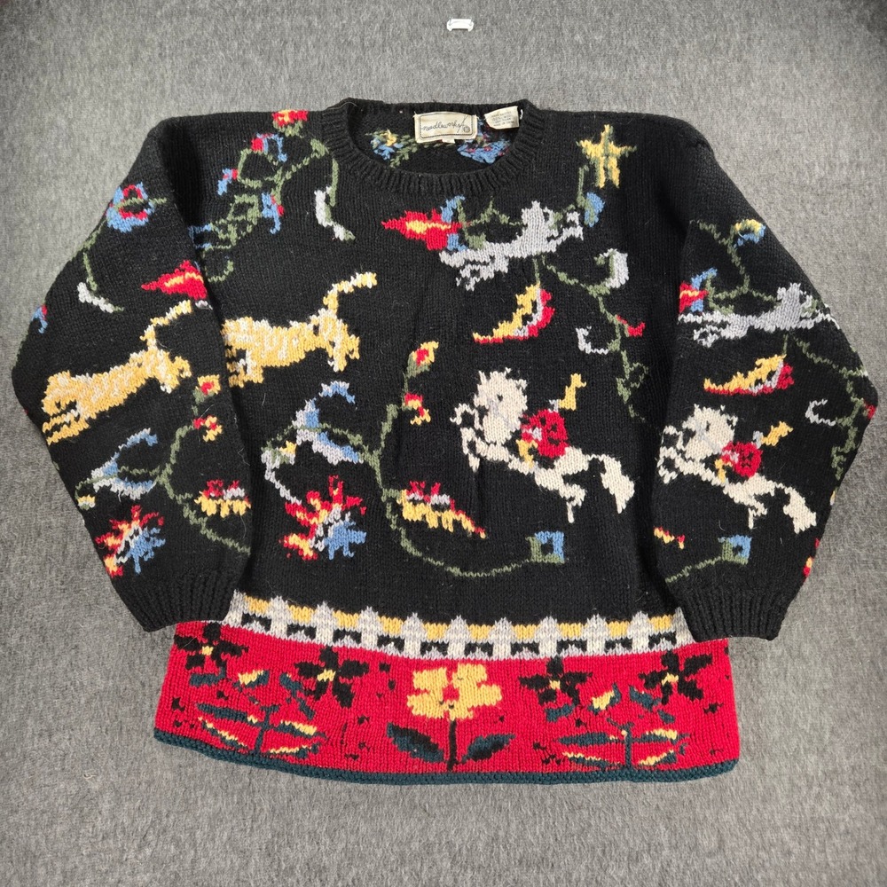 Vintage Needleworks Hand Knitted Wool Sweater‎ Womens Small Black Horse Floral
